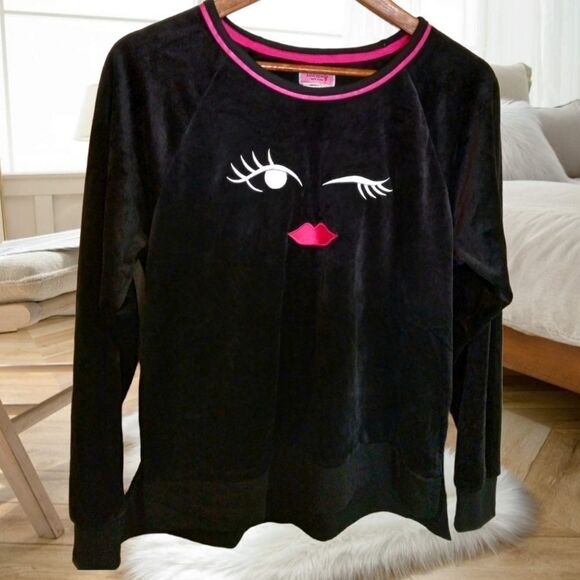 KATE SPADE VELOUR WINKY FACE AND LIPS BLACK VELVET SWEATER SWEATSHIRT LOUNGEWEAR - Picture 4 of 16